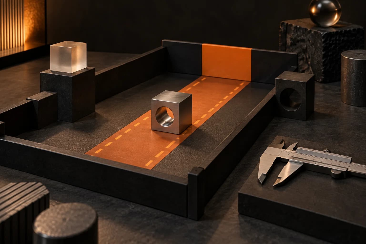 A small bounded black testing arena with a clear orange task lane, reference artifact and inspection caliper