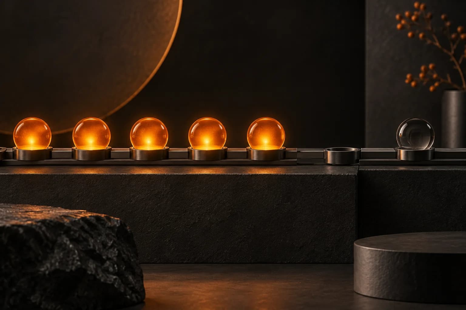 A row of warm orange pulse beads along a dark rail, a quiet gap visible before a dim inactive module