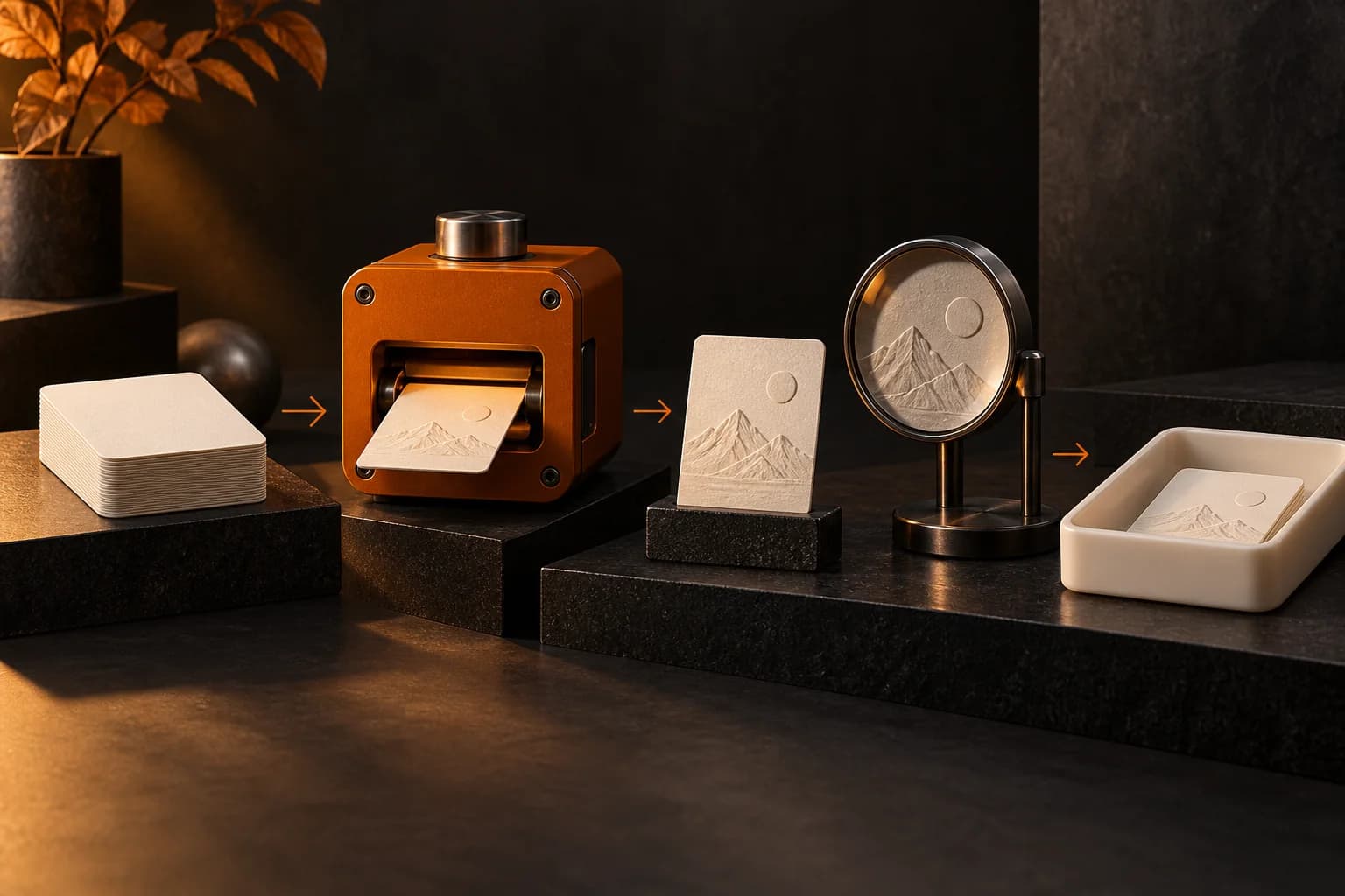 A precise sequence of blank brief card, orange tool module, finished artifact and review lens, ending in an ivory receiving tray