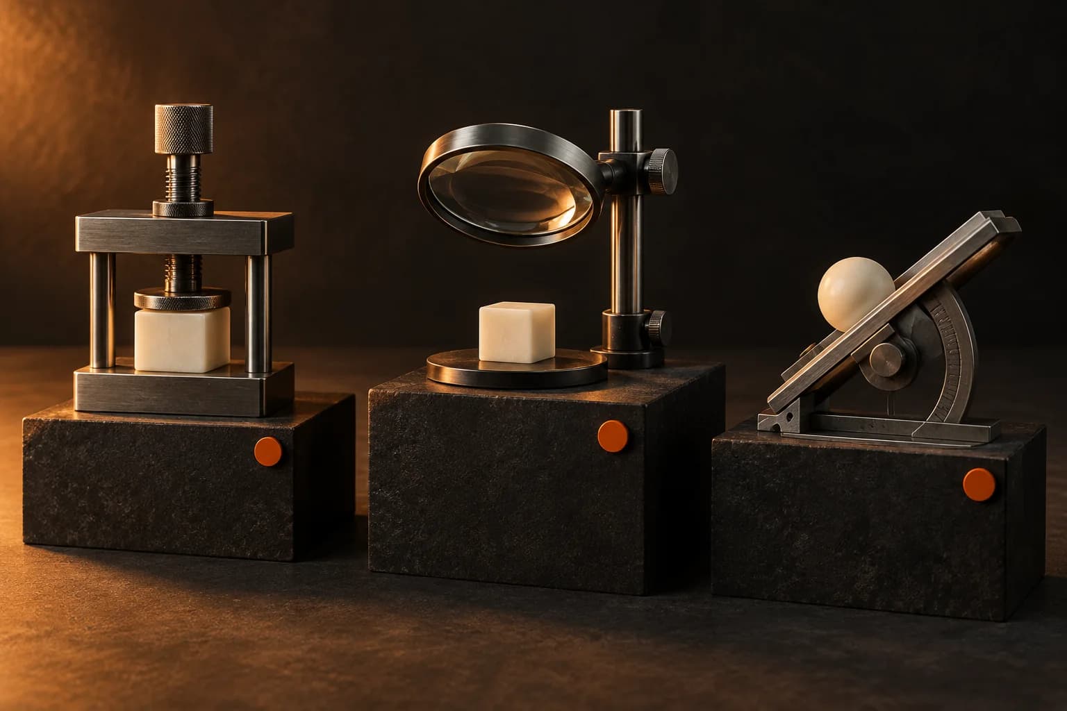 Three separate testing fixtures on charcoal blocks with ivory input pieces, orange scoring markers and a clear inspection lens