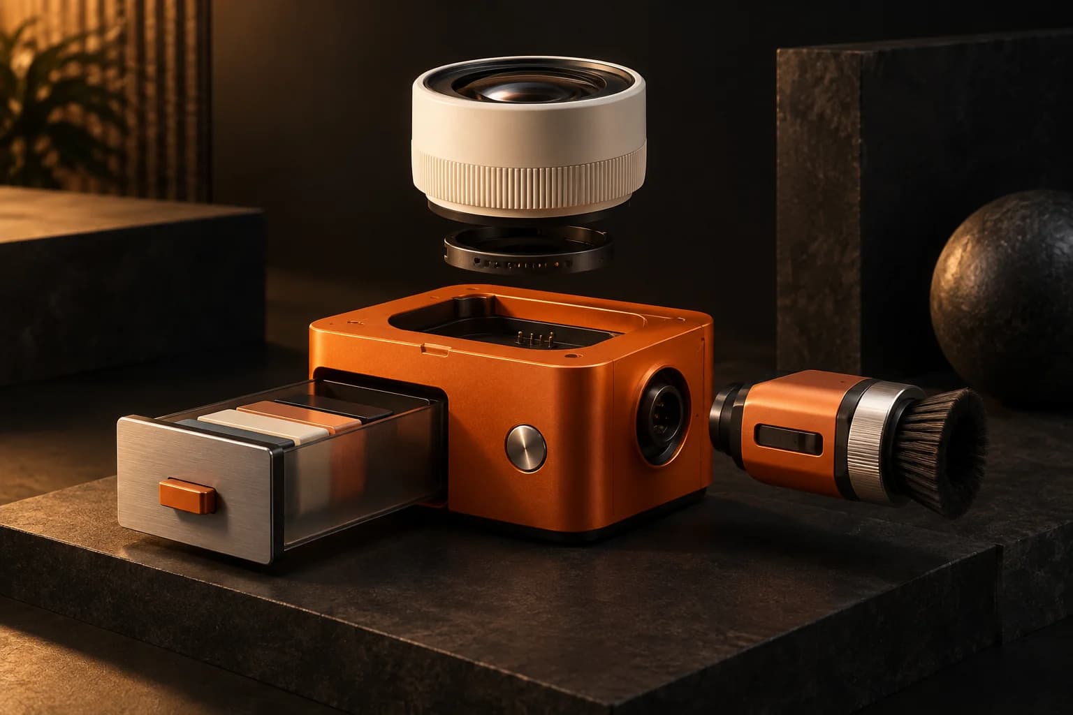 An exploded orange tool dock with an ivory perception lens, memory drawer and interchangeable action attachment