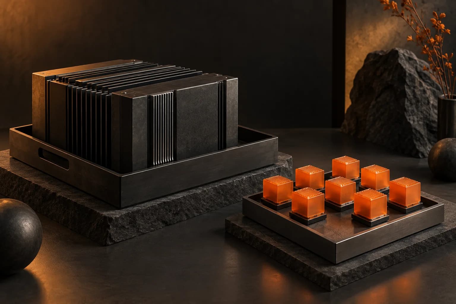 Two separate cost trays: a large fixed black infrastructure block and a series of small orange per-task compute pieces