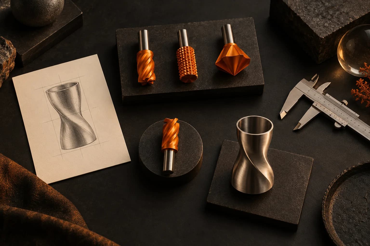 An overhead arrangement of an ivory brief card, three different orange tool heads, one selected tool, a finished artifact and a review caliper