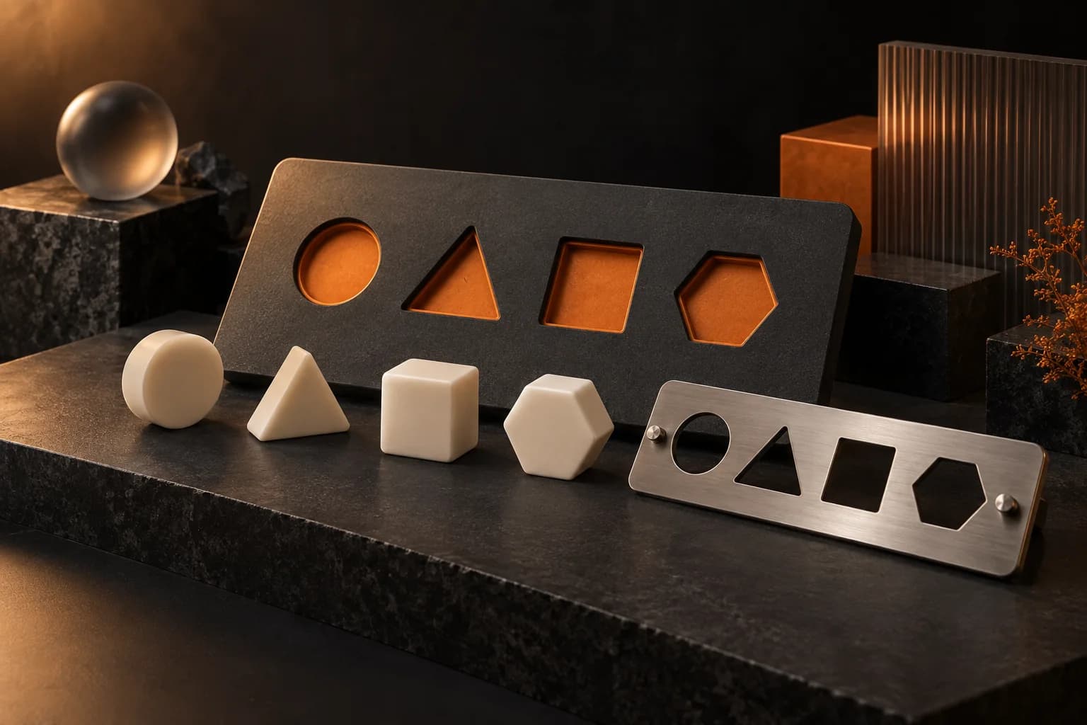 A physical task template board with interchangeable ivory input shapes and orange output slots matched by a precision guide