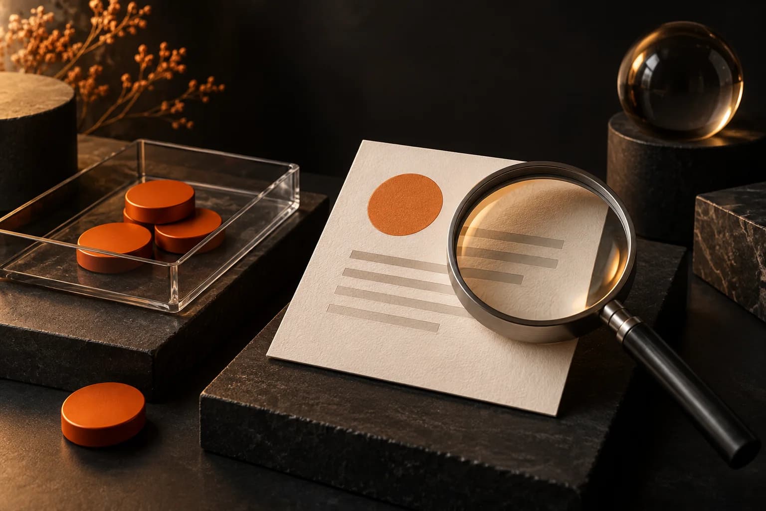 A transparent allowance tray with a few orange discs beside an ivory proposal card examined by a magnifying lens
