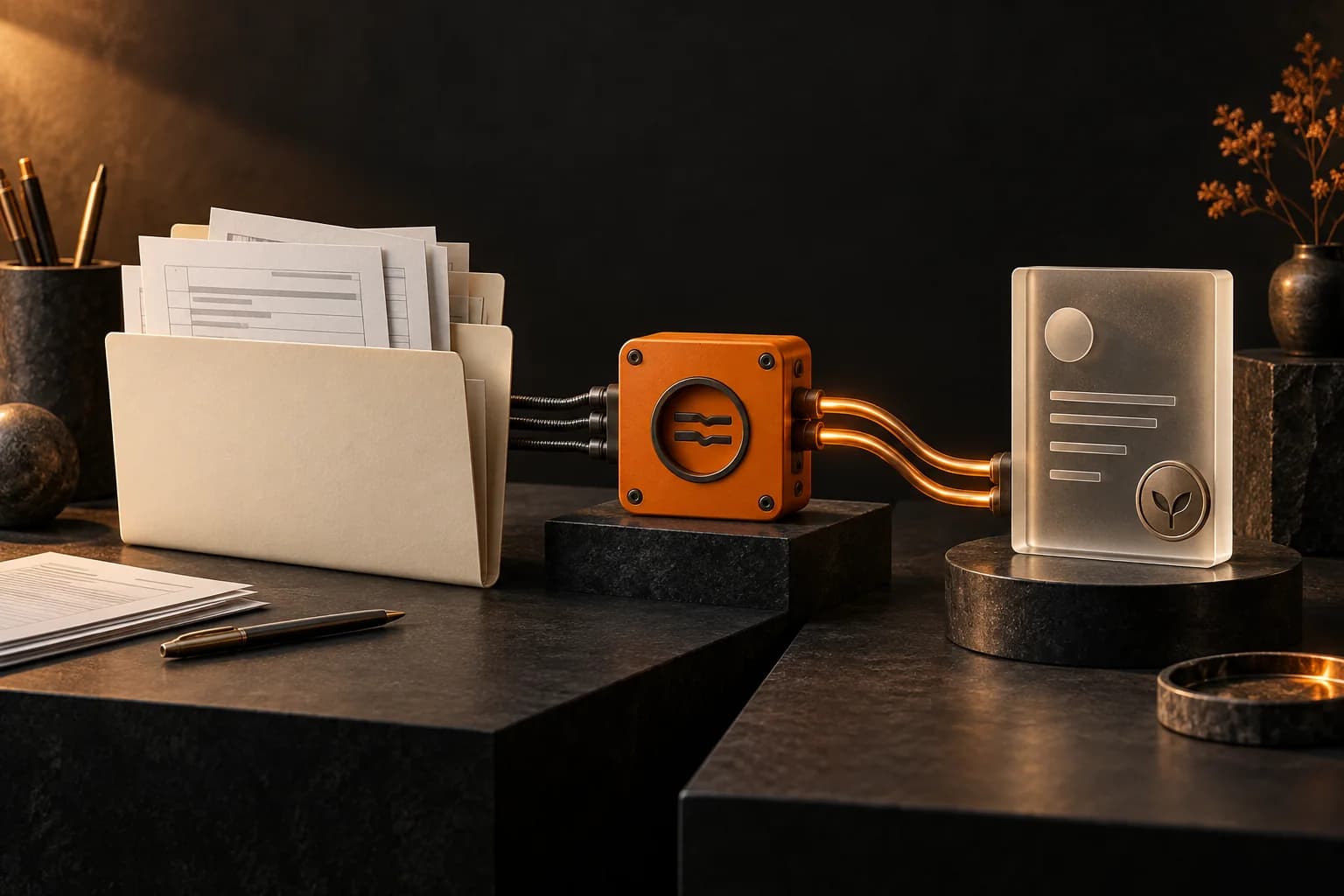 A split workbench comparing an ivory manual application folder with an orange API connection module and a small finished artifact