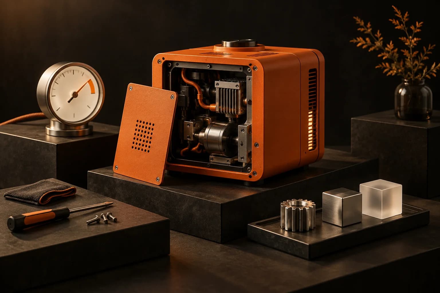 An orange work module with an open maintenance panel, ivory diagnostic gauge and small finished deliverables nearby