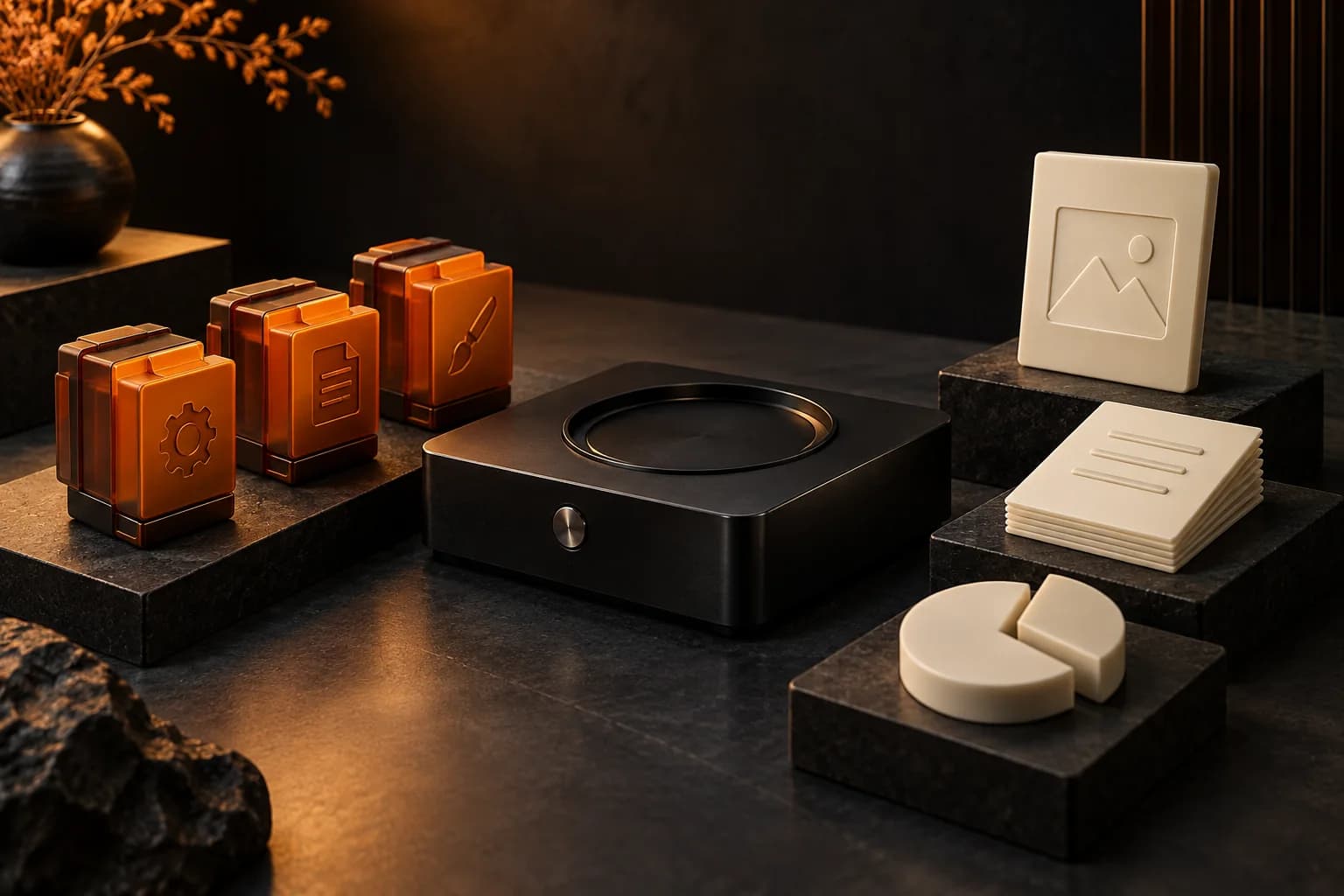Three distinct orange task cartridges arranged beside one black work base and three different ivory deliverables