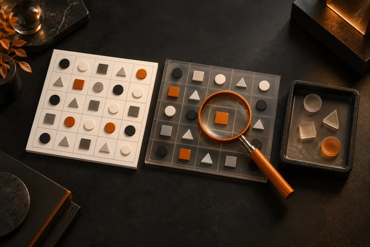 A macro overhead of an ivory reference data grid beside a delivered grid, orange magnifying lens isolating one mismatch and an uncertainty tray to the side