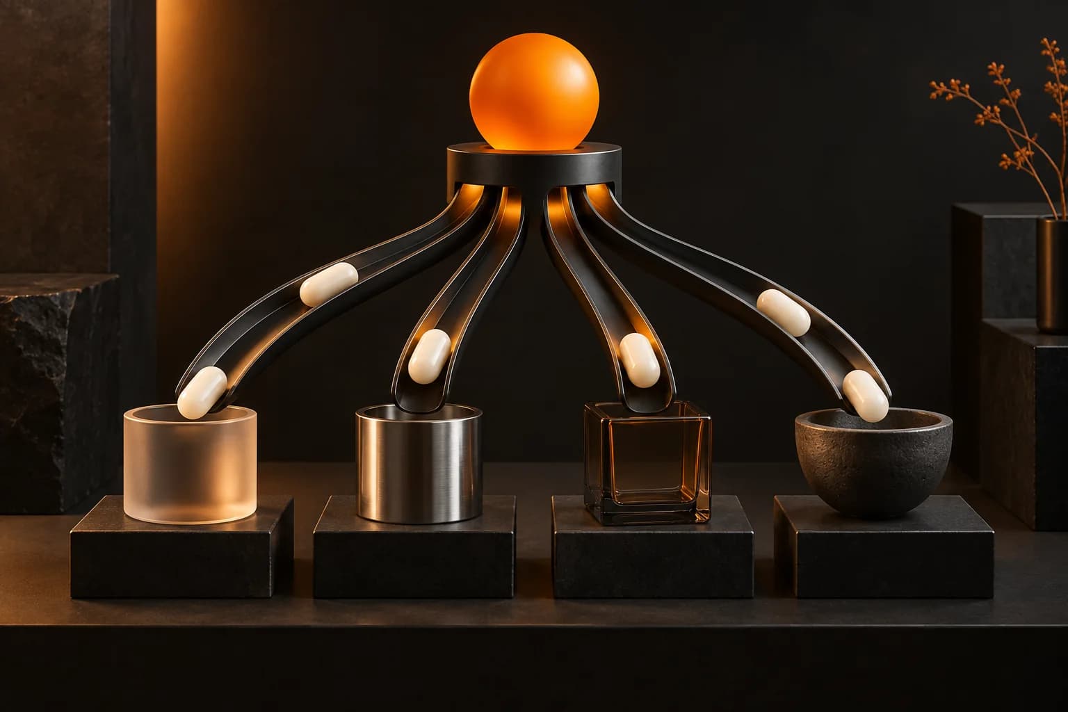 A central orange event sender routing four ivory capsules down separate black channels into distinct receivers