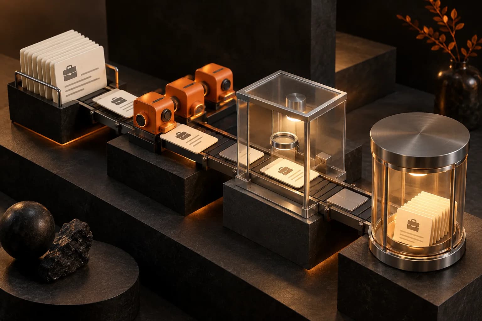 An overhead miniature marketplace with four linked stations: ivory job cards, orange agent modules, a clear inspection booth and glass payment chamber